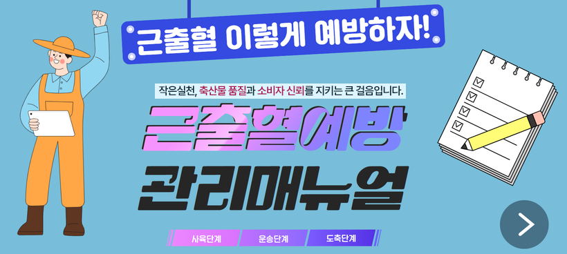 근출혈 이렇게 예방하자! '작은실천, 축산물 품질과 소비자 신뢰를 지키는 큰 걸음입니다.' 근출혈예방 관리매뉴얼 사육단계 > 운송단계 > 도축단계 